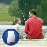 alabama map icon and a father and a son fishing