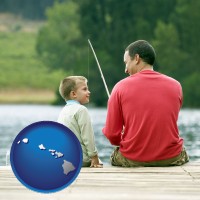 hawaii map icon and a father and a son fishing
