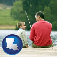 louisiana map icon and a father and a son fishing