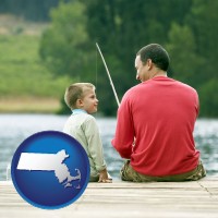 massachusetts map icon and a father and a son fishing