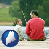 maine map icon and a father and a son fishing