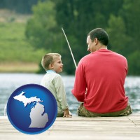 michigan map icon and a father and a son fishing