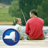 new-york map icon and a father and a son fishing