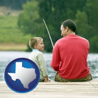 texas map icon and a father and a son fishing