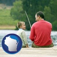 wisconsin map icon and a father and a son fishing