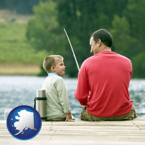 a father and a son fishing - with Alaska icon