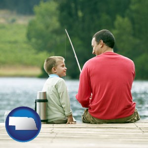 a father and a son fishing - with Nebraska icon