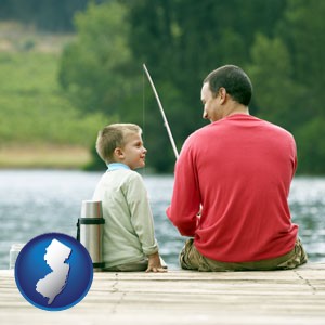 a father and a son fishing - with New Jersey icon