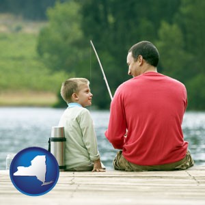 a father and a son fishing - with New York icon