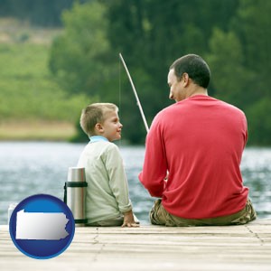 a father and a son fishing - with Pennsylvania icon