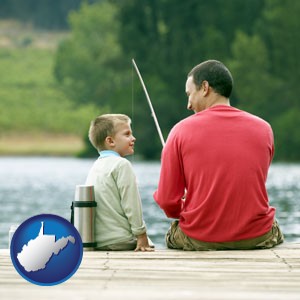 a father and a son fishing - with West Virginia icon