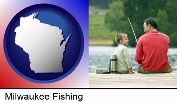 a father and a son fishing in Milwaukee, WI