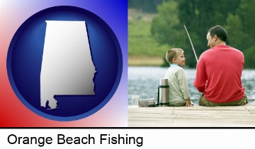 a father and a son fishing in Orange Beach, AL