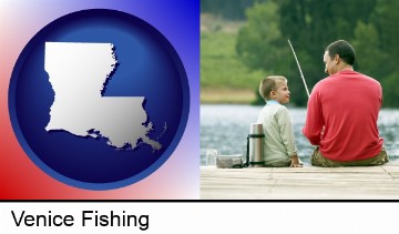 a father and a son fishing in Venice, LA